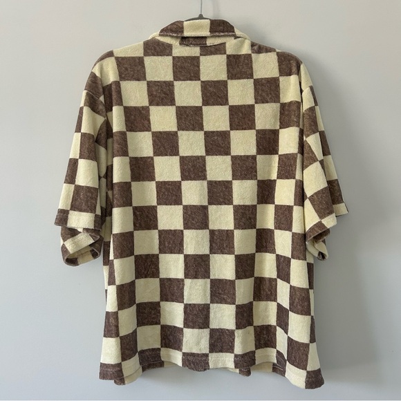 ONA Cream Brown Checkered Terry Oversized Button Down Short Sleeve Top M - Picture 4 of 10